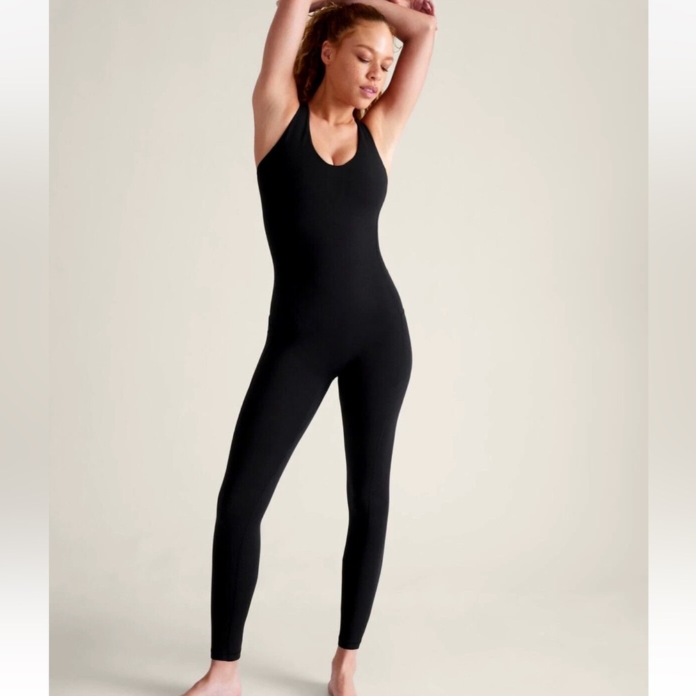 Athleta Transcend bodysuit Black athletic jumpsuit Size Large tall open back - Picture 2 of 5